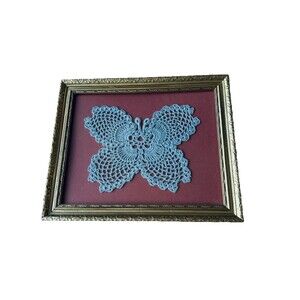 Vintage Framed Crochet Blue Butterfly Doily Cottage Core Framed Wall Decor